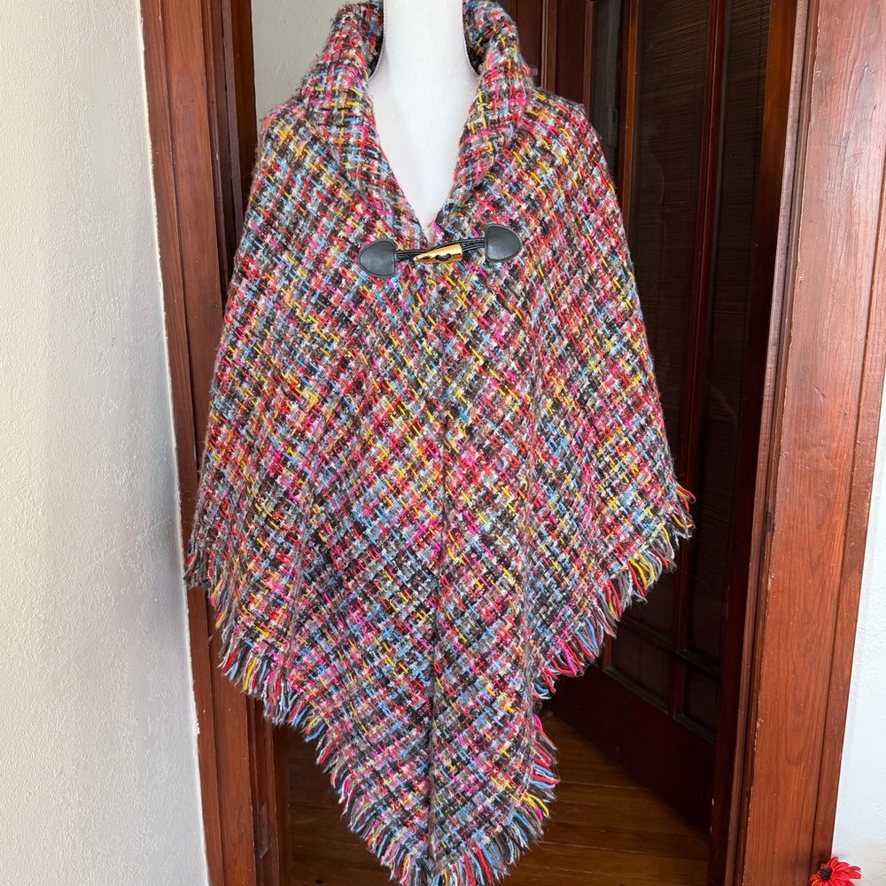 Marc New York Vibrant Multicolor Woven Tweed Cape Fringe Luxe Wrap One Size